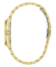 Close-up side view of a yellow gold watch bracelet with a matching case, showing the clasp and side crown detail on a plain white background.