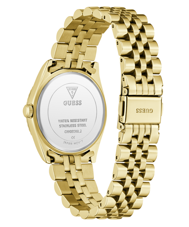 Gold-tone stainless steel watch with a metal link bracelet and a white circular case back, shown on a clean white background. The GUESS brand name is visible on the clasp and case back.