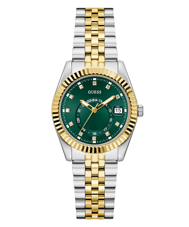 Two-tone watch with green face and gold accents on a white background GW0936L3