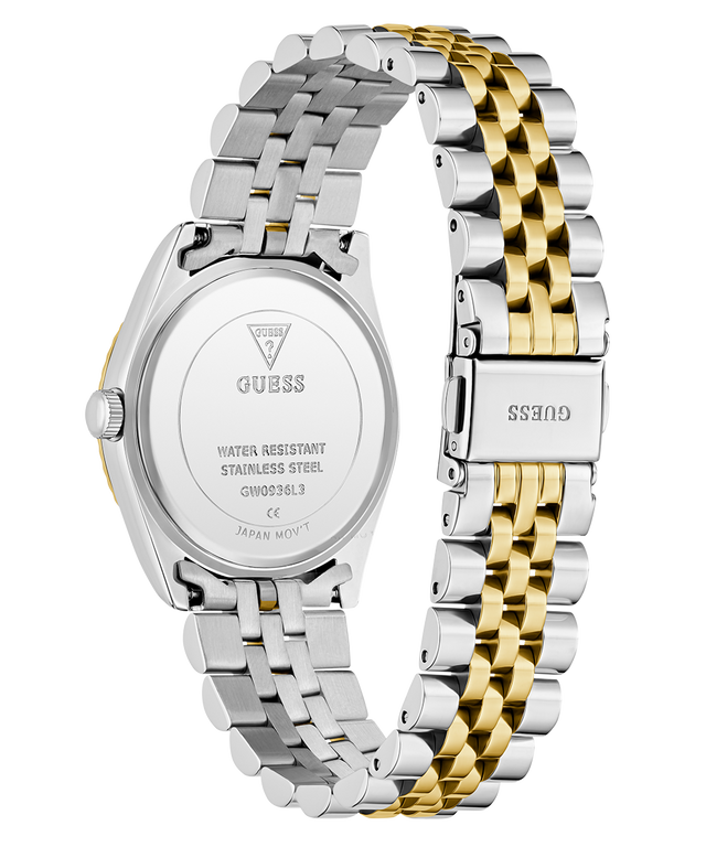 Guess watch caseback with silver and gold metal bands on a white background GW0936L3