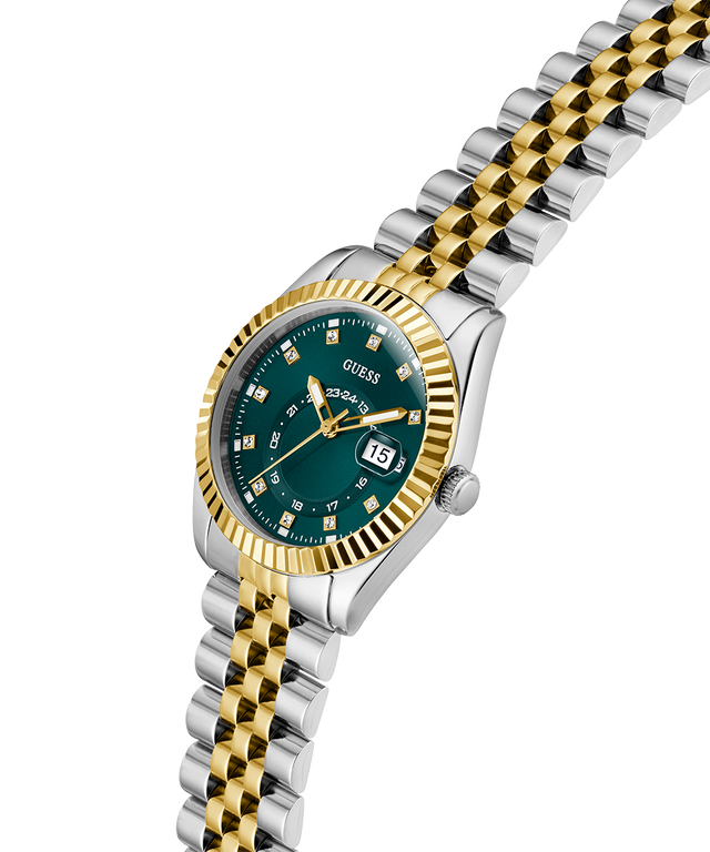 Two-tone silver and gold watch with a green dial on a white background lifestyle