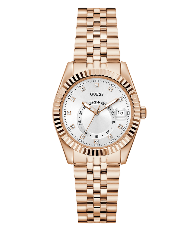 GUESS Ladies Rose Gold Tone Multi-function Date Watch with a white face on a white background