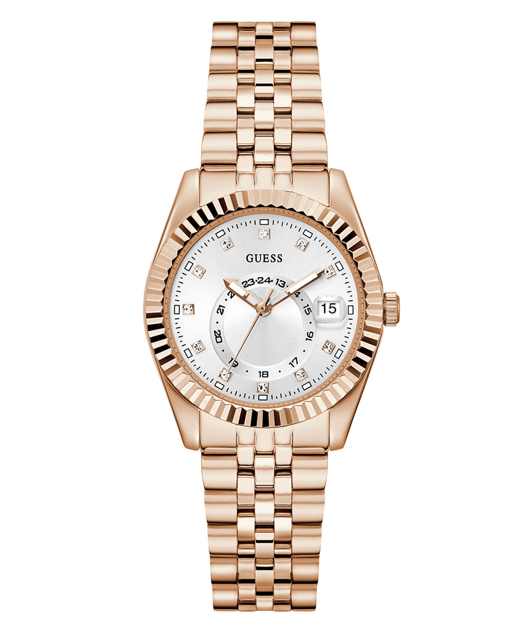 GUESS Ladies Rose Gold Tone Multi-function Date Watch with a white face on a white background