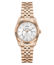 GUESS Ladies Rose Gold Tone Multi-function Date Watch with a white face on a white background