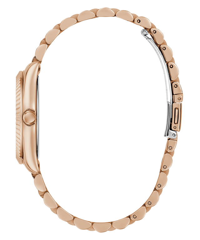 Side of GUESS Ladies Rose Gold Tone Multi-function Date Watch with a detailed band on a white background