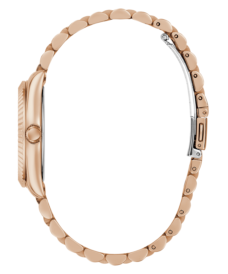 Side of GUESS Ladies Rose Gold Tone Multi-function Date Watch with a detailed band on a white background