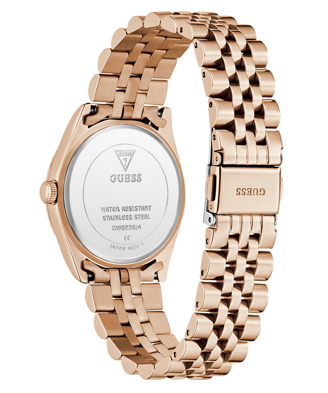 Caseback of GUESS Ladies Rose Gold Tone Multi-function Date Watch with metal band on a white background