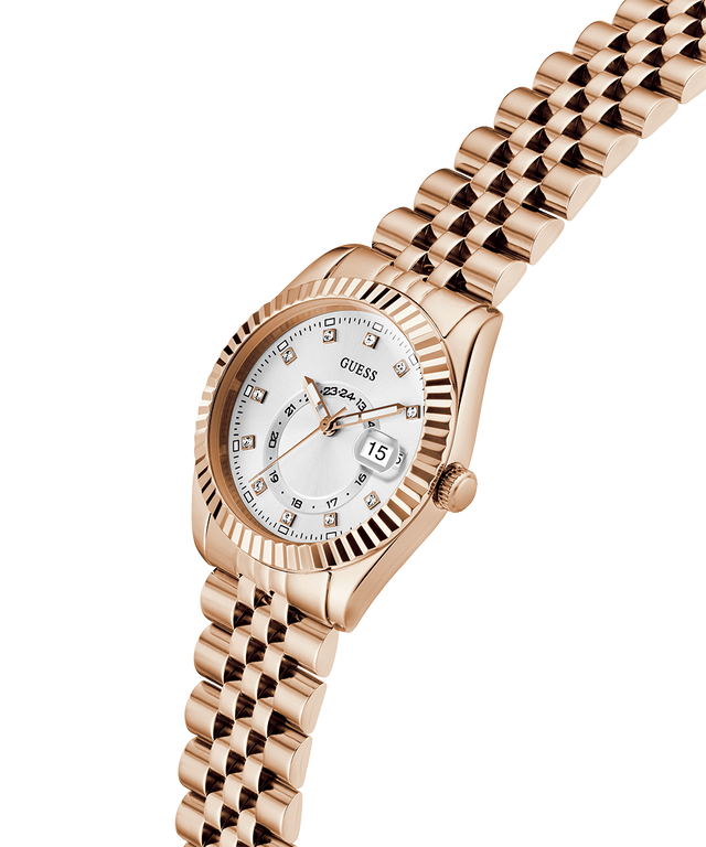 Rose gold watch with a white face on a white background lifestyle