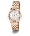 Rose gold watch with a white dial on a white background