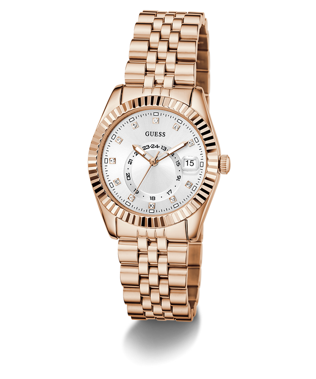 Rose gold watch with a white dial on a white background