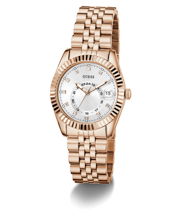 Rose gold watch with a white dial on a white background