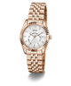 Rose gold watch with a white dial on a white background