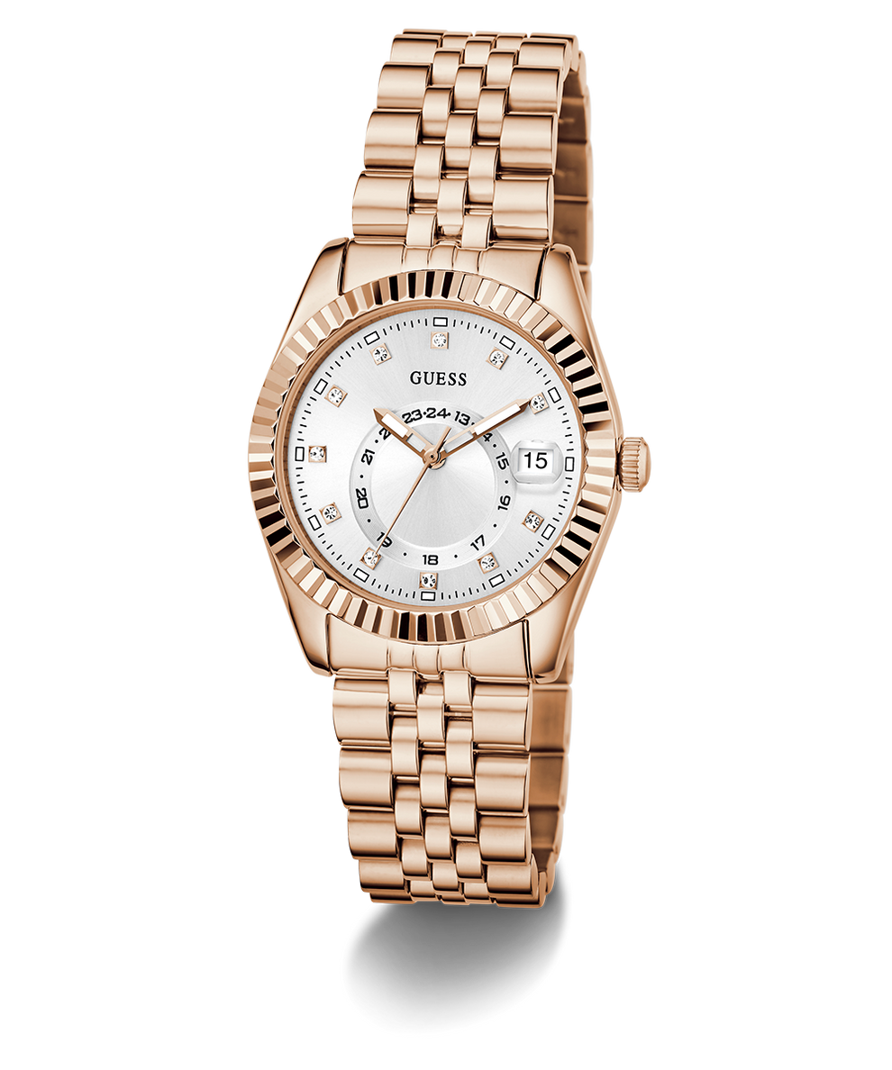 Rose gold watch with a white dial on a white background