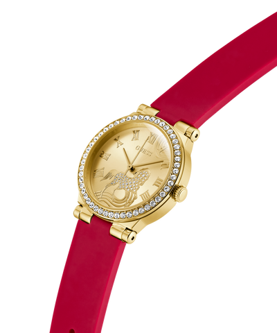 Gold GUESS Ladies Limited Edition Lunar New Year Red Gold Tone Analog Watch with a red strap on a white background lifestyle