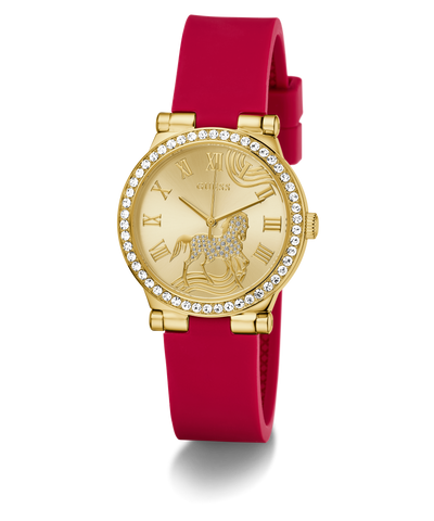 GUESS Ladies Limited Edition Lunar New Year Red Gold Tone Analog Watch with a red strap on a white background