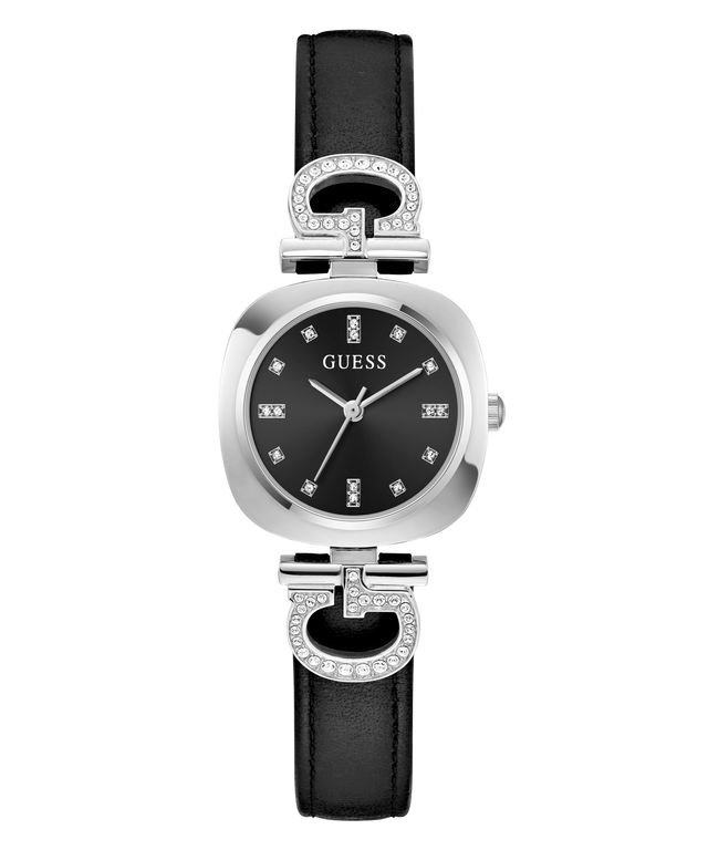 Black wristwatch with silver accents and 'G' logo on a white background