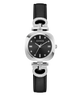 Black wristwatch with silver accents and 'G' logo on a white background
