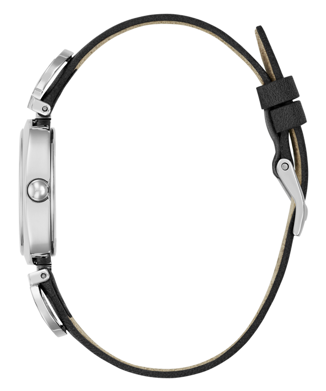 Close-up of a watch with a black strap and silver case on a white background