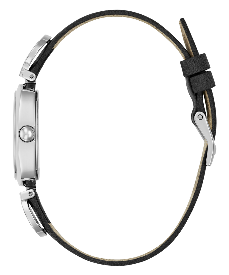 Close-up of a watch with a black strap and silver case on a white background