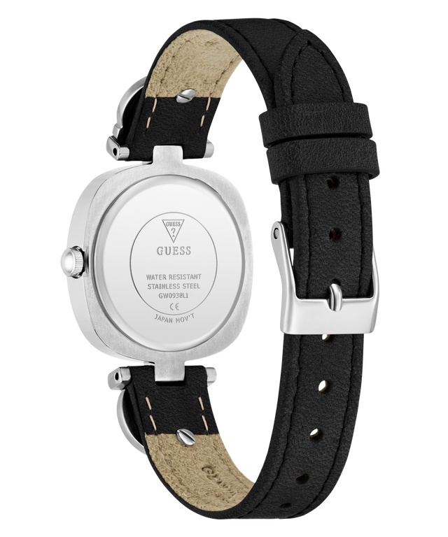 Black GUESS Ladies Black Silver Tone Analog Watch with silver case and black strap on a white background
