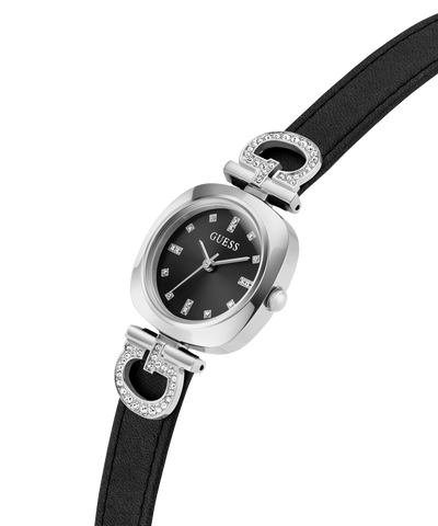 GUESS Ladies Black Silver Tone Analog Watch with black strap and silver accents on a white background lifestyle