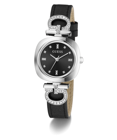 Guess watch with black dial and leather strap on a white background