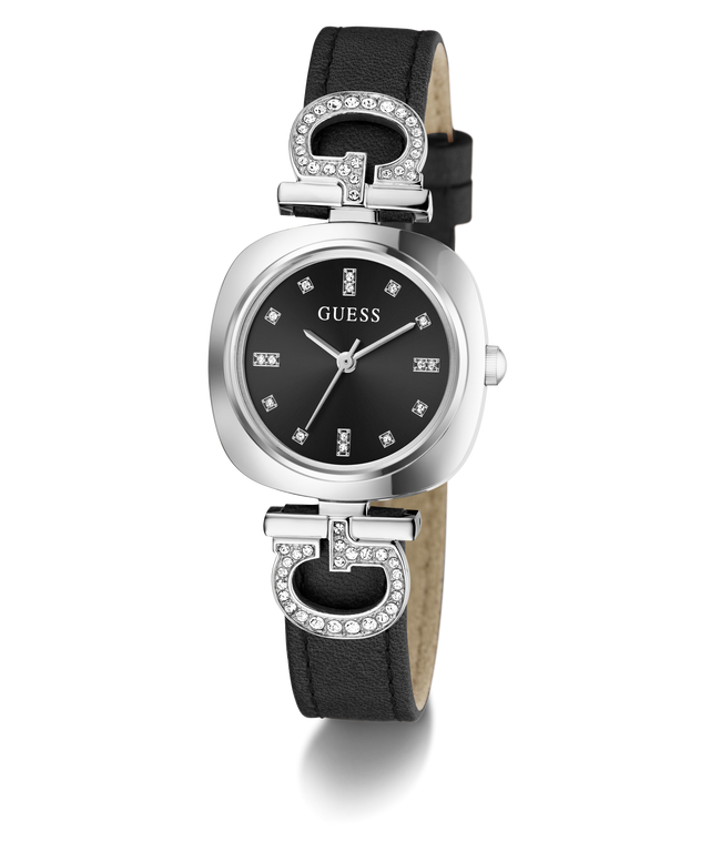 Guess watch with black dial and leather strap on a white background