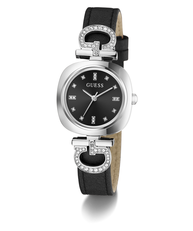 Guess watch with black dial and leather strap on a white background