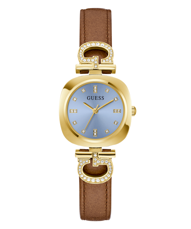 Gold and brown GUESS Ladies Brown Gold Tone Analog Watch with Guess logo on a white background
