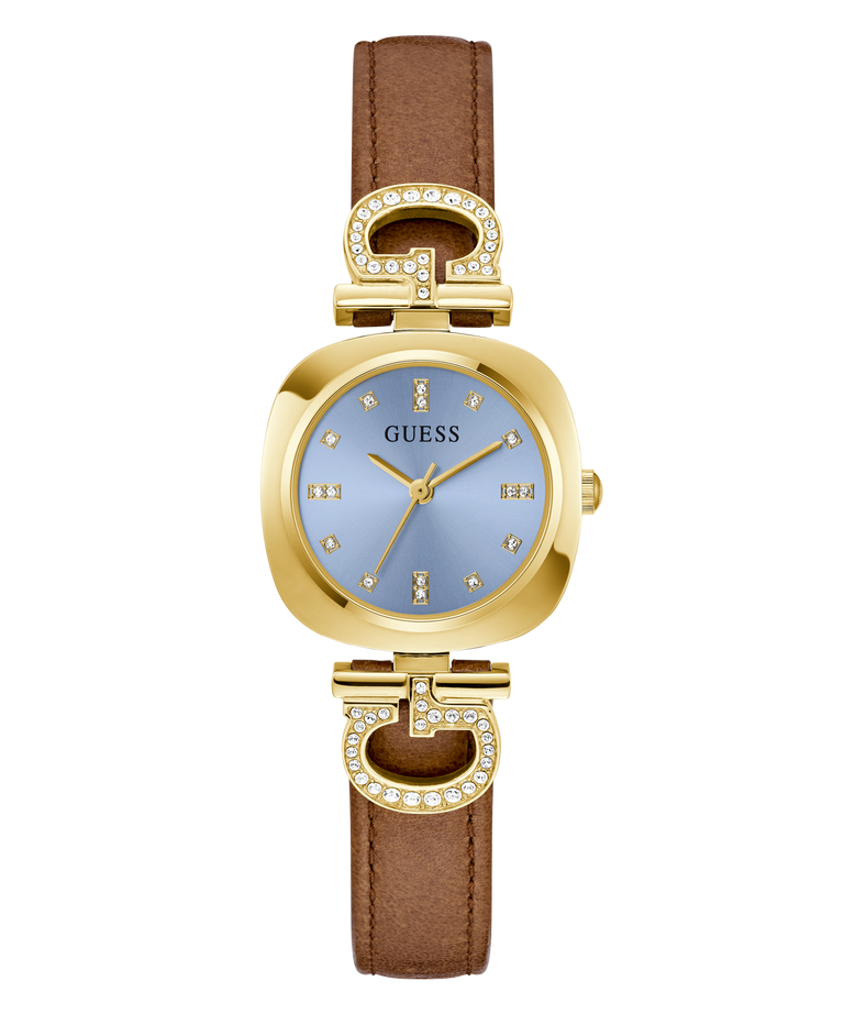 Gold and brown GUESS Ladies Brown Gold Tone Analog Watch with Guess logo on a white background