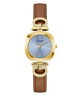 Gold and brown GUESS Ladies Brown Gold Tone Analog Watch with Guess logo on a white background