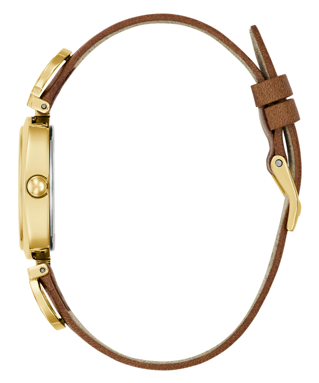 Watch with gold case and brown leather strap on a white background