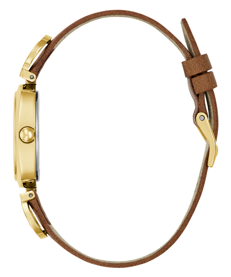 Watch with gold case and brown leather strap on a white background