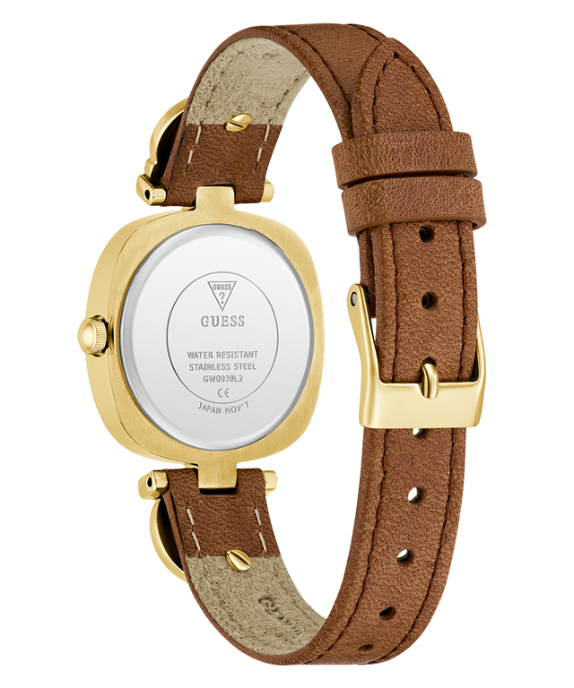 Watch with brown leather strap and gold casing on a white background