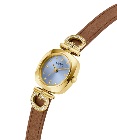 Gold and brown GUESS Ladies Brown Gold Tone Analog Watch with Guess logo on a white background lifestyle