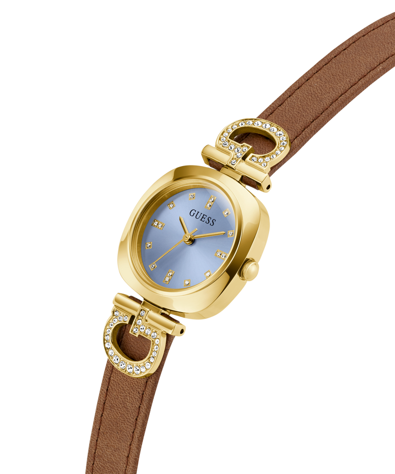 Gold and brown GUESS Ladies Brown Gold Tone Analog Watch with Guess logo on a white background lifestyle