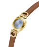 Gold and brown GUESS Ladies Brown Gold Tone Analog Watch with Guess logo on a white background lifestyle