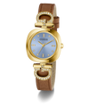 Guess watch with gold case, brown leather strap, and blue dial on a white background