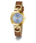 Guess watch with gold case, brown leather strap, and blue dial on a white background