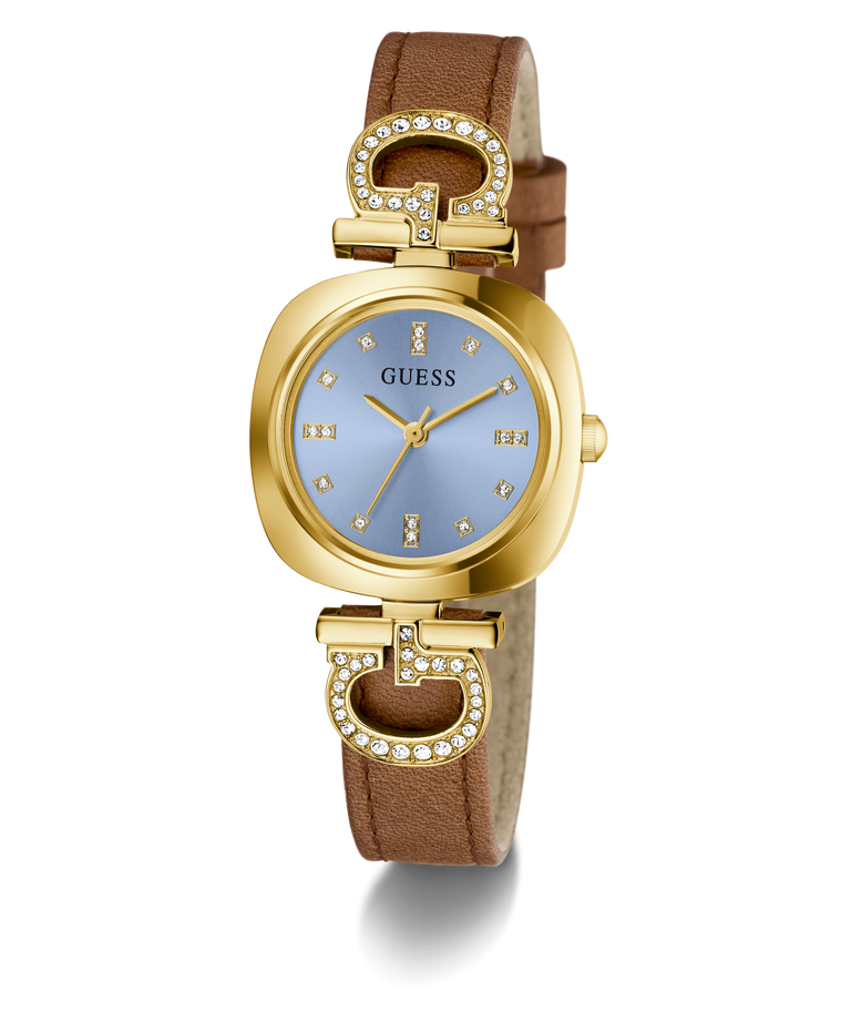 Guess watch with gold case, brown leather strap, and blue dial on a white background