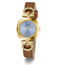 Guess watch with gold case, brown leather strap, and blue dial on a white background