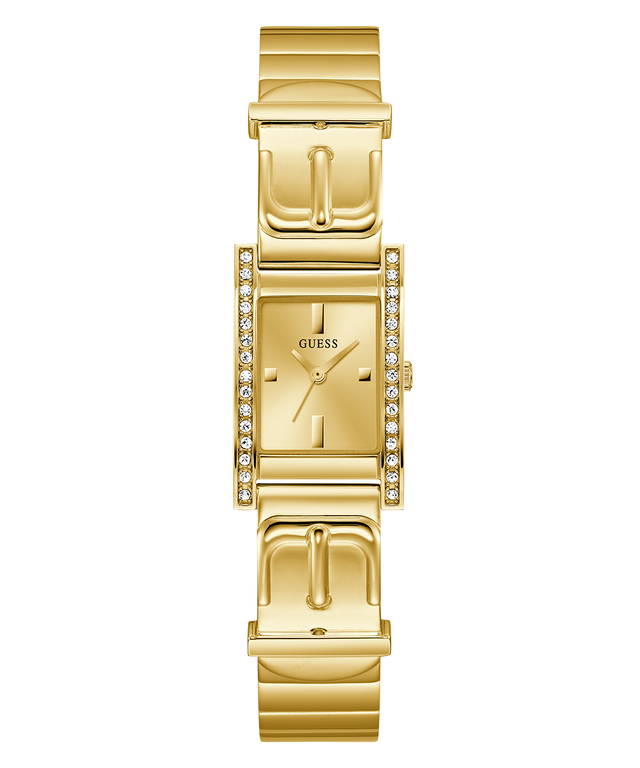 GUESS Ladies Gold Tone Analog Watch with a diamond-studded band on a white background