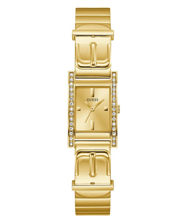 GUESS Ladies Gold Tone Analog Watch with a diamond-studded band on a white background