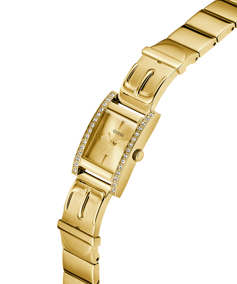Gold watch with diamond accents on a white background lifestyle