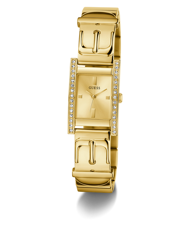 GUESS Ladies Gold Tone Analog Watch with a visible brand logo on a white background