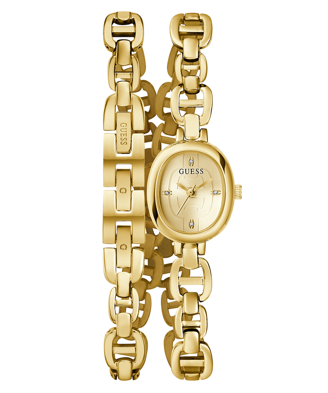 GUESS Ladies Gold Tone Analog Watch with chain-like bracelet on a white background