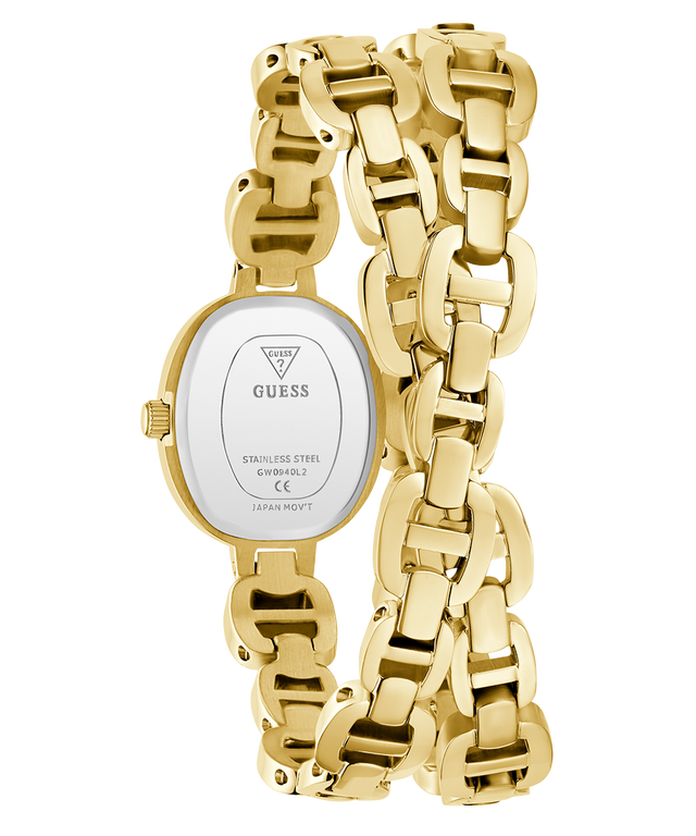 GUESS Ladies Gold Tone Analog Watch with visible brand logo on a white background