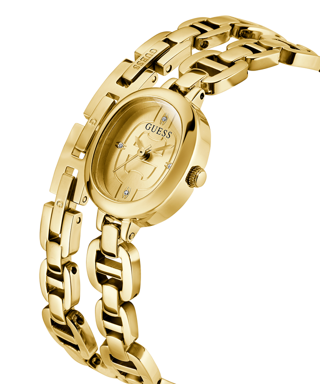 Gold watch with chain strap on a white background lifestyle