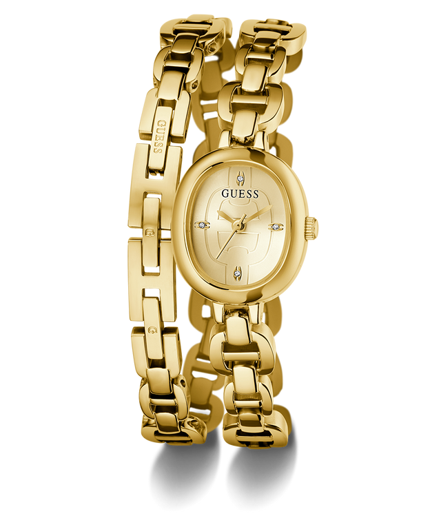 GUESS Ladies Gold Tone Analog Watch with a visible brand logo on a white background