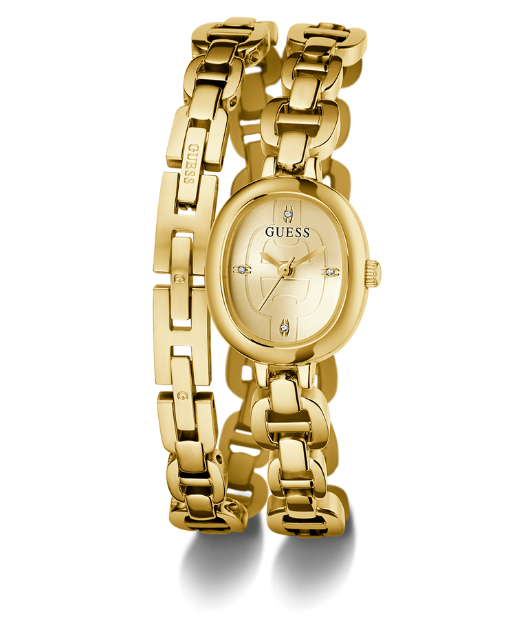 GUESS Ladies Gold Tone Analog Watch with a visible brand logo on a white background